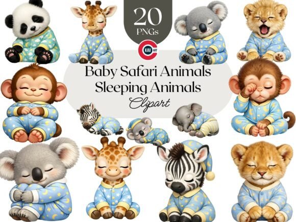 Adorable Bedtime Graphics: Baby Jungle Safari Animals in Nightwear