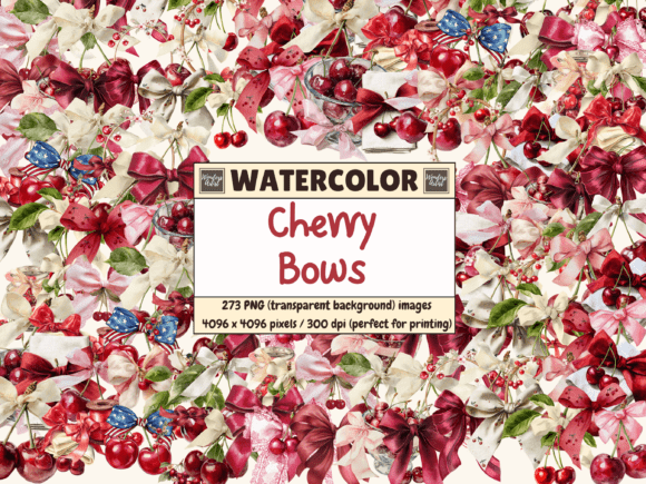 Cherry Bows Watercolor Clipart: Sweet Retro Charm for Modern Designs