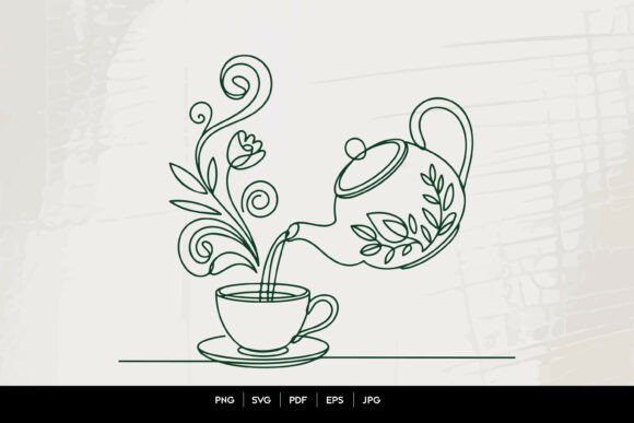 Elevate Your Projects with Floral Teapot Pouring Tea Line Art Vector