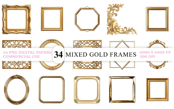 Elevate Your Projects with Premium Mixed Gold Frames PNG Bundle
