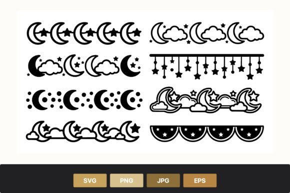 Enchant Your Designs with Moon Stars Clouds Vector Borders