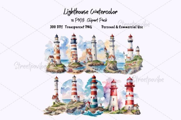 Lighthouse Watercolor Clipart PNG Pack: Coastal Design Made Easy