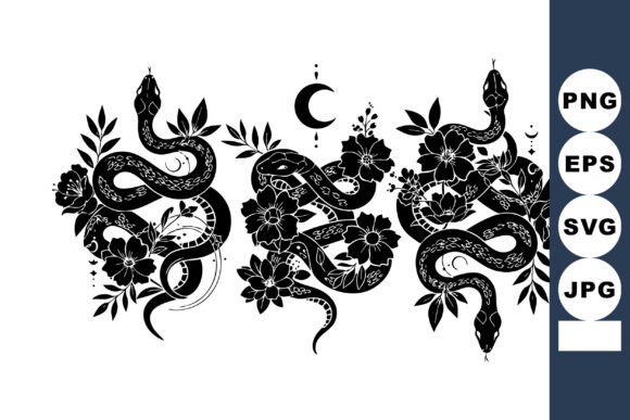 The Allure of Black Snake with Floral Elements and Crescent Moon
