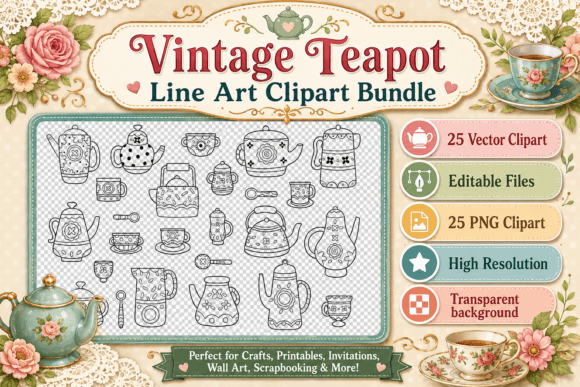 Timeless Charm: The Vintage Teapot Line Art Clipart Bundle